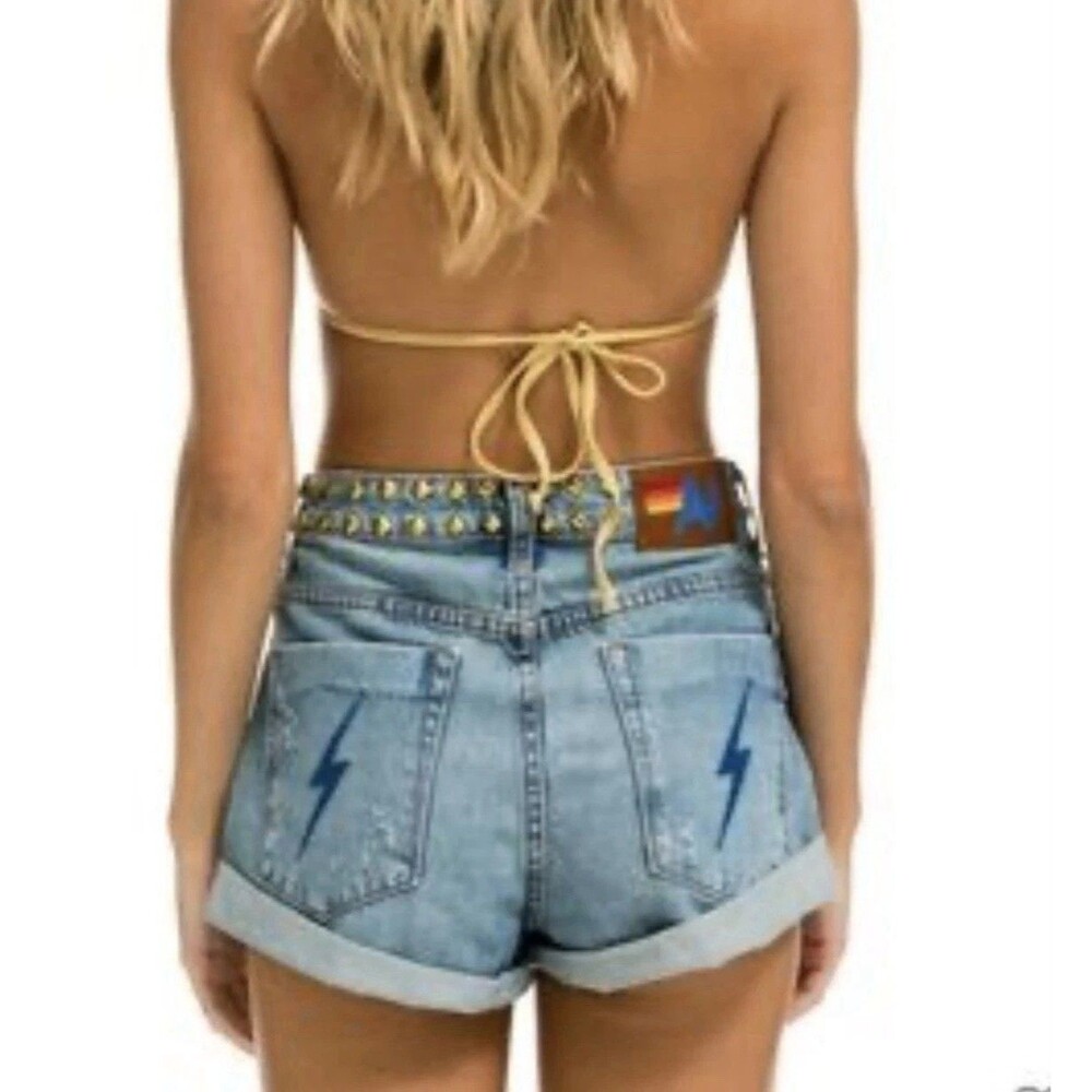 Aviator Nation Hi-Rise Rocker Live Free Bolt Jean Shorts Studded 25 NWOT!